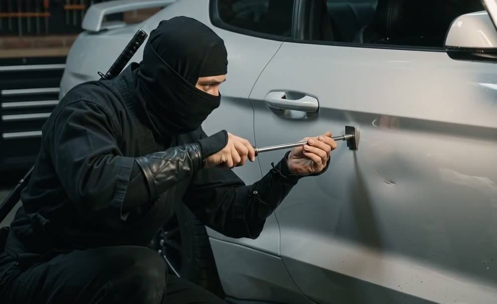 Technician working a PDR rod along the body line of a silver door
