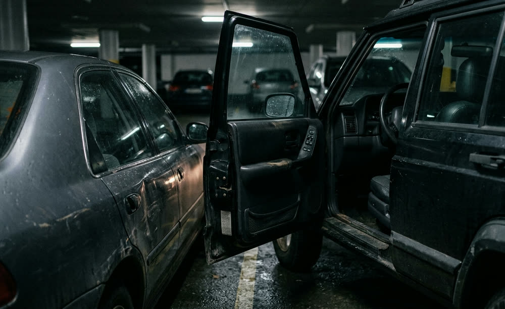 Two cars parked tight in an underground car park, one door swung against the next