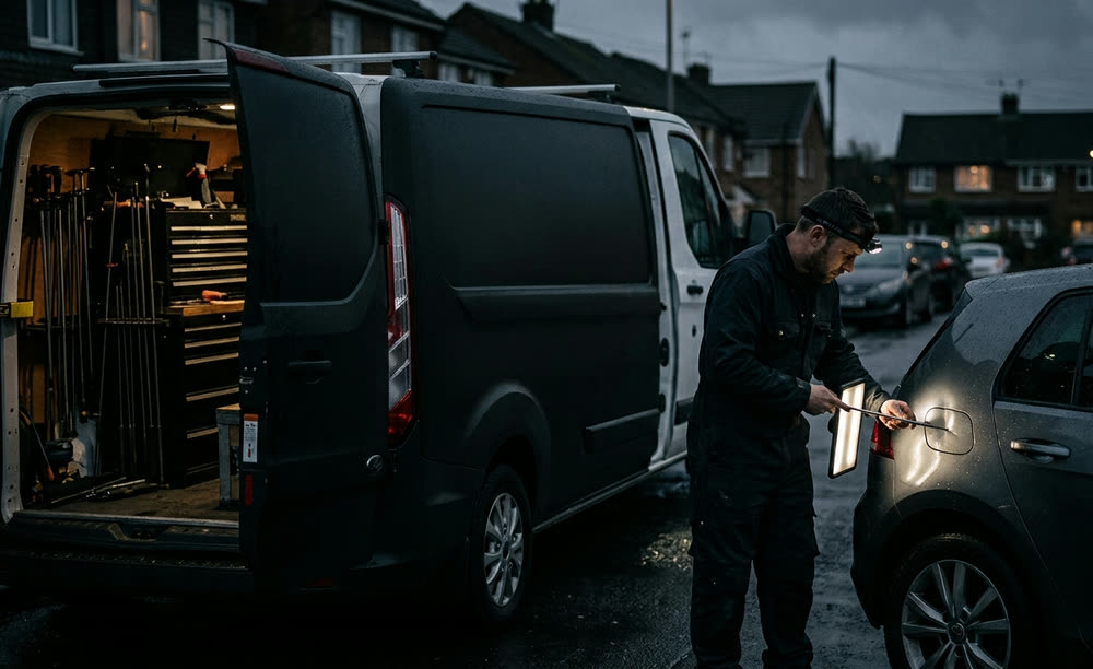 Technician reading a panel with a lit reflector board beside an open tool van on a suburban street
