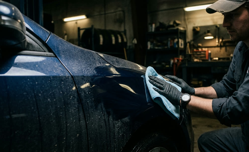 Detailer buffing the rear quarter of a blue car in a workshop