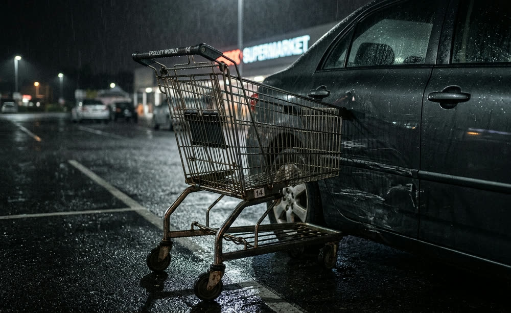 Abandoned shopping trolley resting against a car in a wet supermarket car park at night
