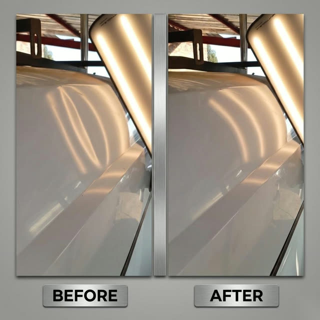 Before and after: a crease in a Mercedes truck roof, straightened so the reflection runs clean again.