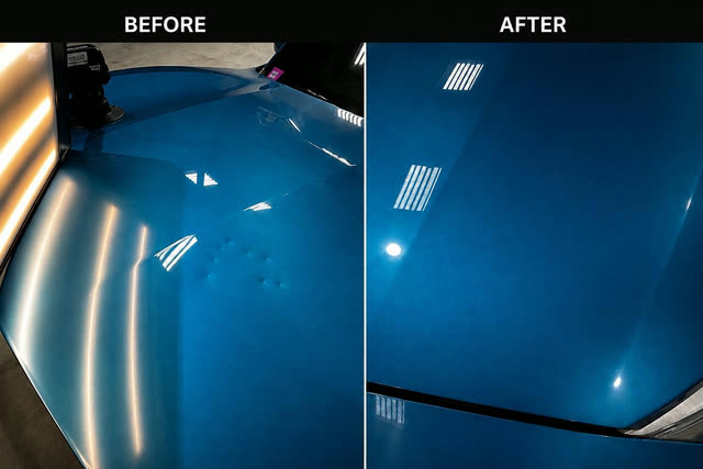 Before and after: a dent on the bonnet of a blue sedan, with the reflection lines running straight again.