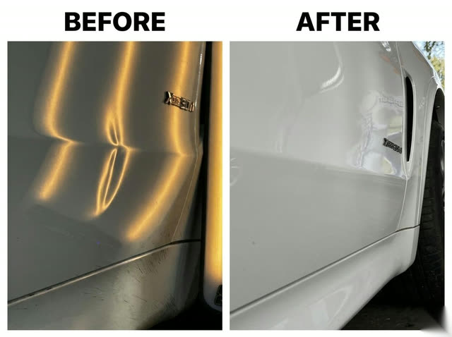 Before and after: a sharp crease in the front door of a BMW X5, removed with no filler and no respray.