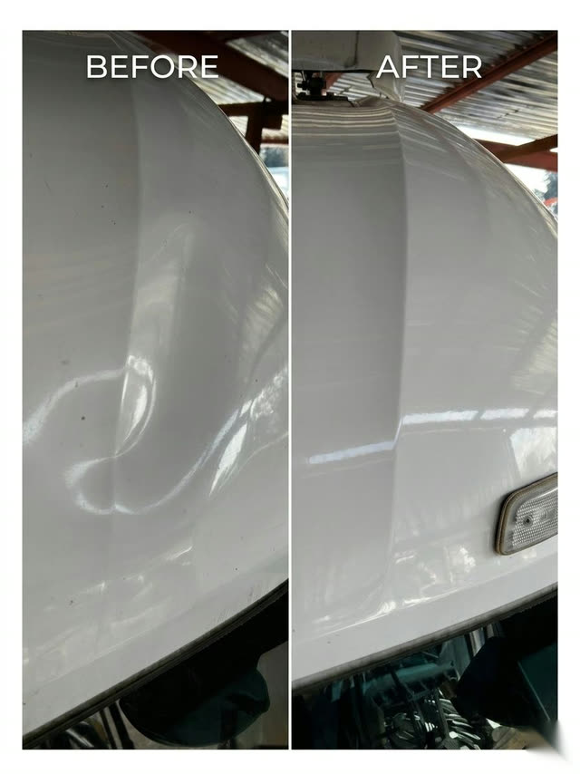 Before and after: a dent in the roof of a Mercedes Actros truck, worked back flat with the original paint untouched.