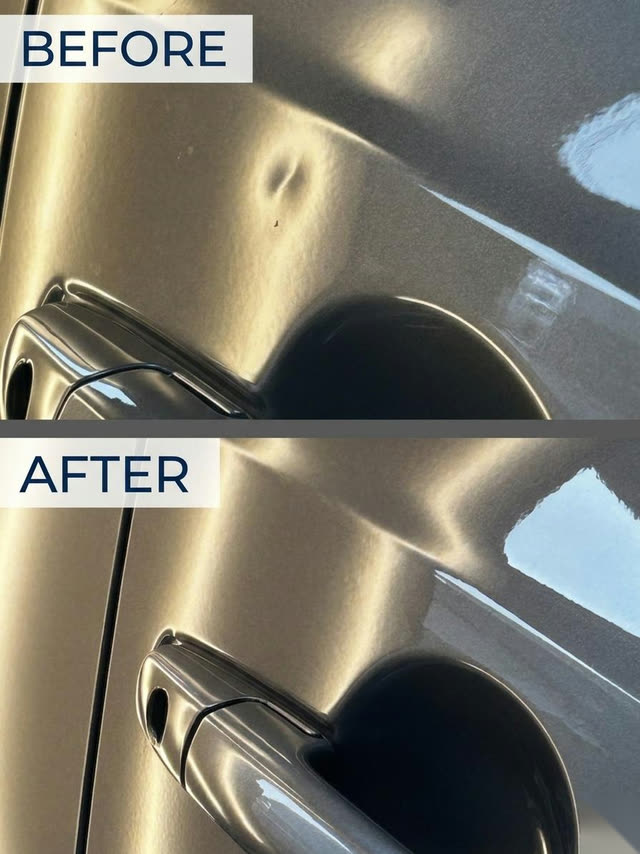 Before and after: a dent above the door handle on a Suzuki Ignis, worked out from behind the door skin.