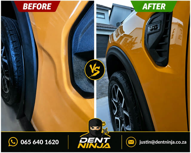 Before and after: a dent in the front fender of a Next Gen Ford Ranger, repaired without touching the paint.