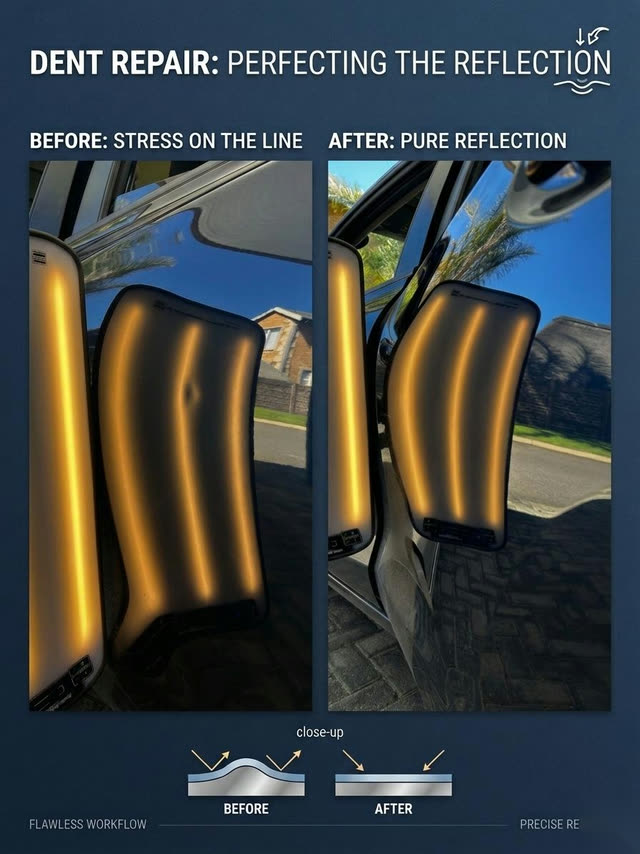 Before and after close-up: the reflection board held over a repaired panel, showing the line pulled straight.