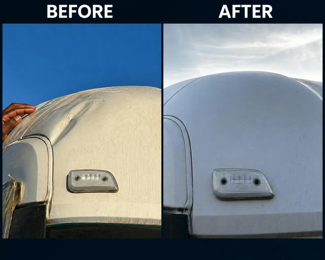 Before and after: a dent in a Mercedes truck roof, pushed back to factory shape without filler.